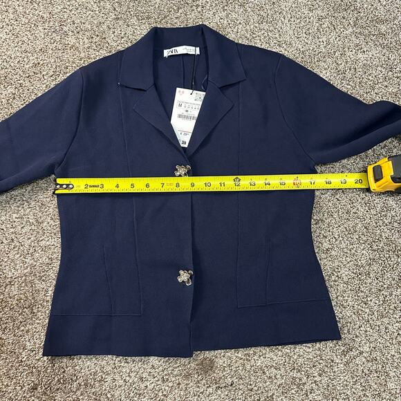 ZARA Women's Flower Button Knit Cardigan Blazer Size M In Navy - Picture 7 of 10